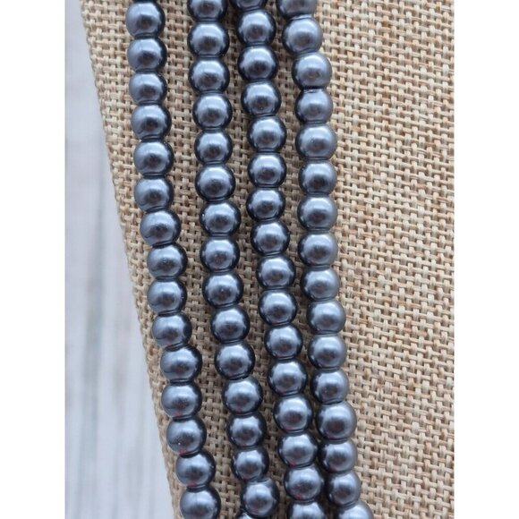 NWT Dark Gray Faux Pearl Mutli Strand Bead Necklace Long Layered Crystal Accent - Picture 6 of 8